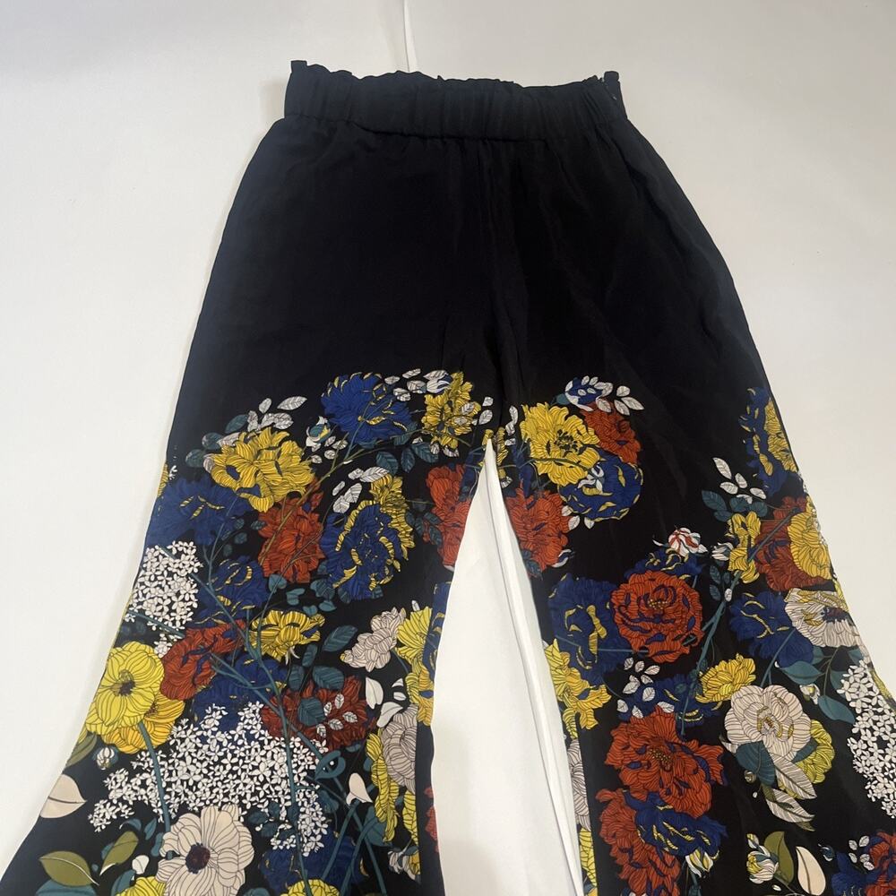 Sz 1 Sandro Paris Women's Bell Bottoms Flared Printed 100% Silk Floral Pants - Picture 5 of 15